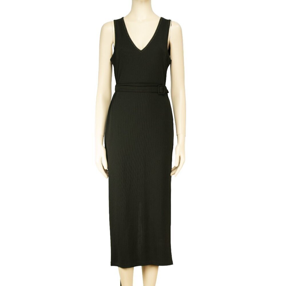 GRACE & MILA Stockholm Strapless V-Neck Drapey Ribbed Stretch Black Dress Sz M